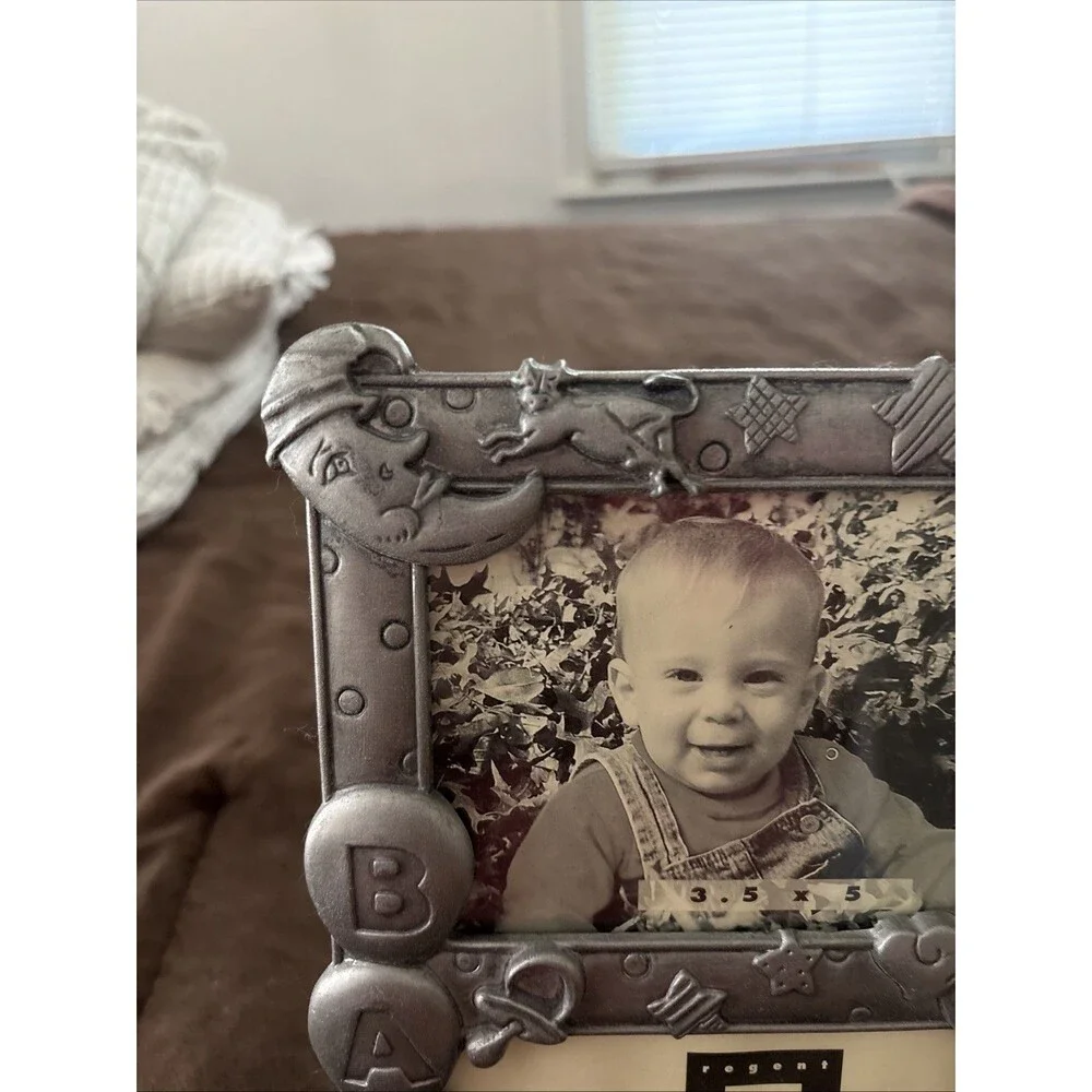 Vintage Regent Gallery Pewter Finish Double Baby Photo Frame 3.5x5 Teddy Bear